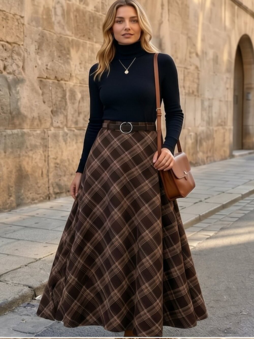 Brown Plaid A-Line Maxi Skirt – High-Waisted Flared Tartan Swing Skirt